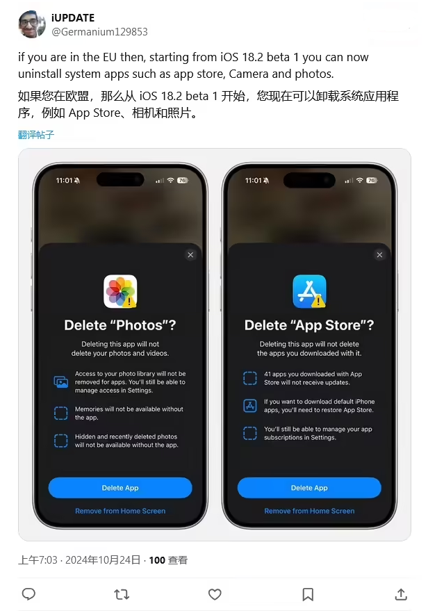 白沙苹果手机维修分享iOS 18.2 支持删除 App Store 应用商店 